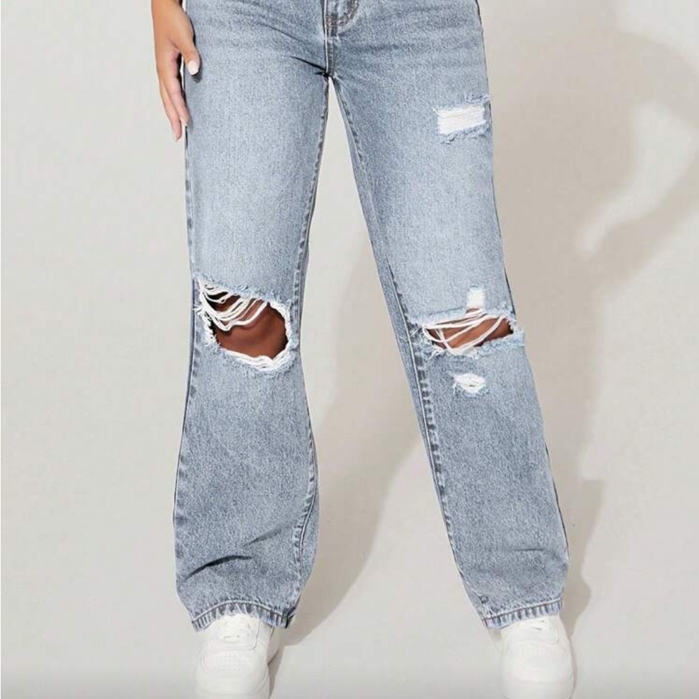 SHEIN Light Blue Ripped Boyfriend Jeans